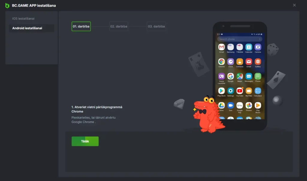 Kā instalēt mobilo lietotni BC.Game priekš Android.
