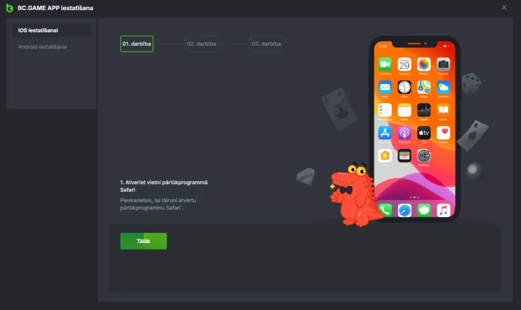 Kā instalēt mobilo lietotni BC.Game priekš IOS.